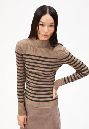ARMEDANGELS ALAANIA PLACED STRIPES Sweater Slim Fit made of Organic Cotton Cinnamon Dust-coffee | 8713GDWAQ