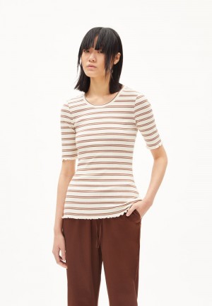 ARMEDANGELS FRAYAA DOUBLE STRIPES Rib T-Shirt made of Organic Cotton Mix Cacao-undyed | 7406NKXMU