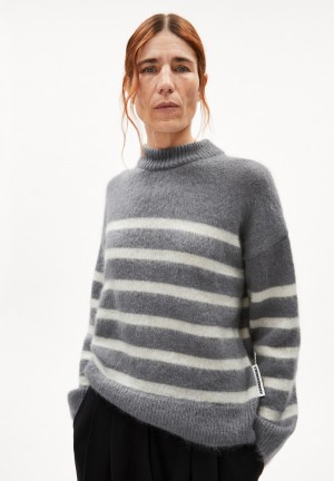 ARMEDANGELS GWYNEIRAA STRIPES Sweater Loose Fit made of Mohair Wool Mix Iron Cast-oatmilk | 5076IQKHU