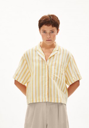 ARMEDANGELS LEAANNE STRIPED LINO Blouse Loose Fit made of Linen Mix Off White-mangorange | 6180HWKQD