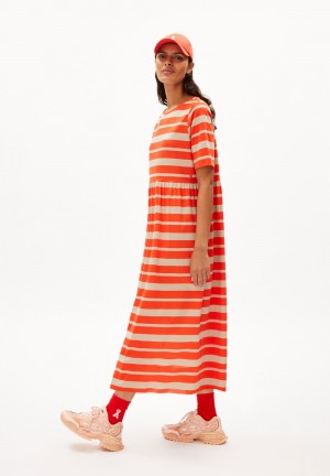 ARMEDANGELS TAAKYRA BLOCK STRIPES Jersey Dress Loose Fit made of Organic Cotton Poppy Red-sandstone | 7815GKFPA